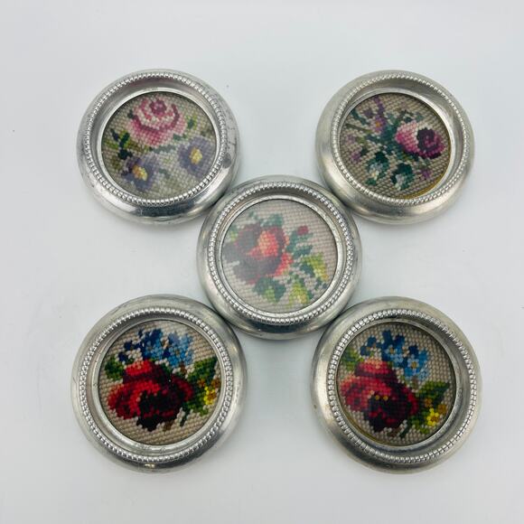 Vintage Aluminum 4” Floral Cross-Stitch Coaster Set of 5 - Picture 9 of 9